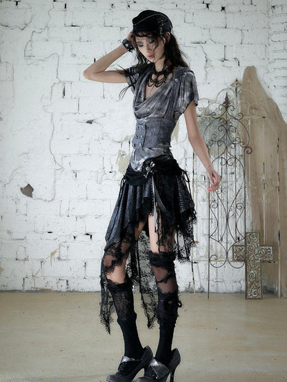 NO ROMANCE Baroque Punk Court Asymmetric Ruched Lace Spliced Velvet Women&