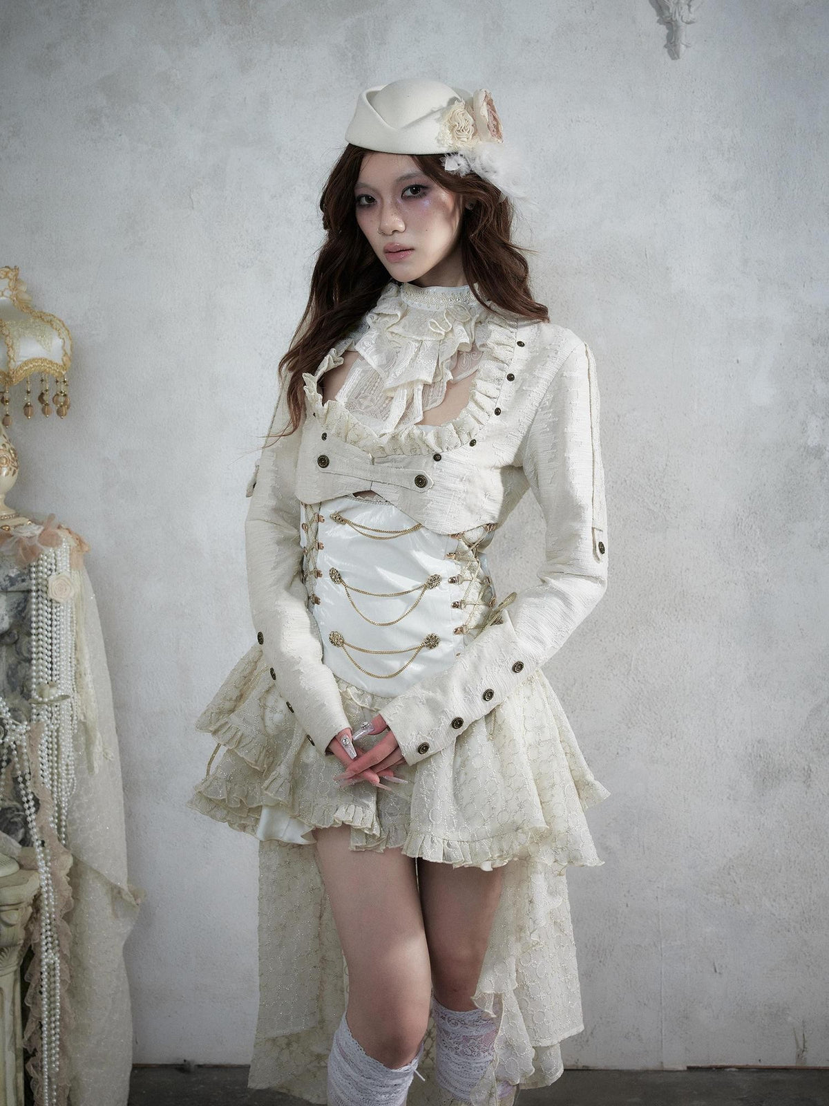 NO ROMANCE Baroque Punk Embroidered Low Neck Faux Leather Women&