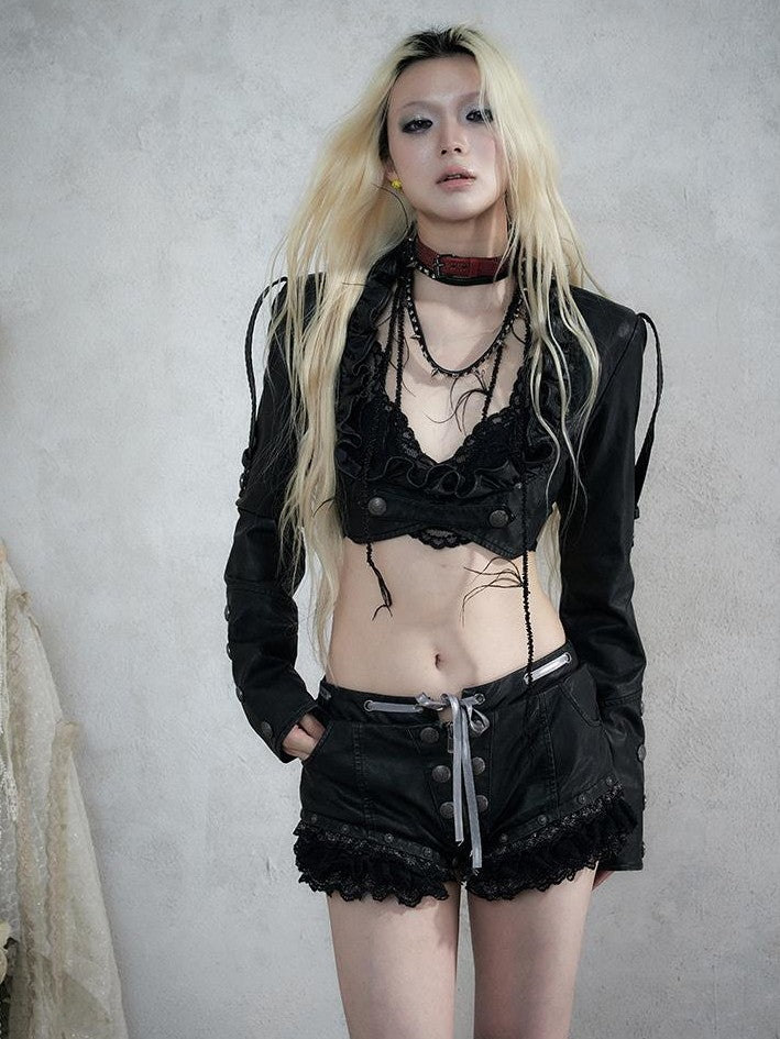 NO ROMANCE Baroque Punk Embroidered Low Neck Faux Leather Women&