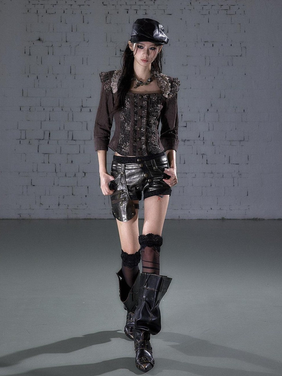 NO ROMANCE Biker Punk Lace Detachable Asymmetrical Low Waist Slim Women&
