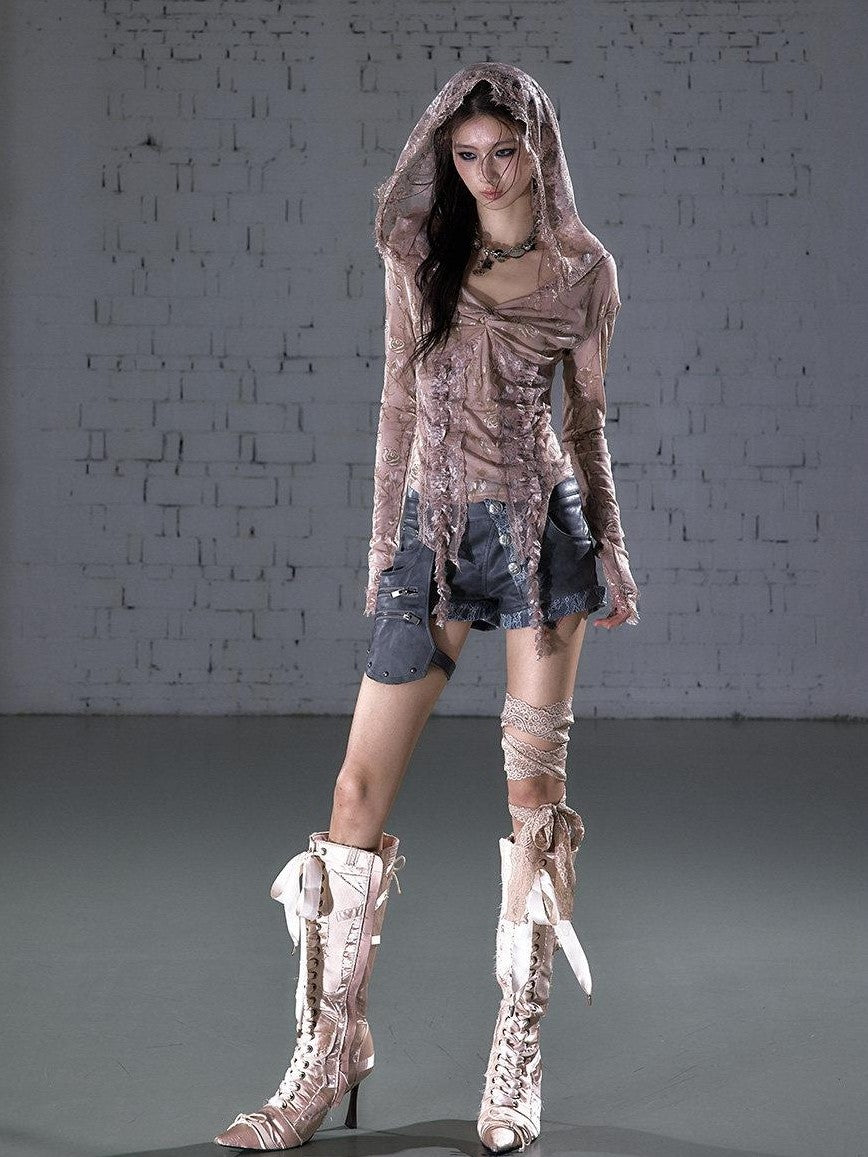 NO ROMANCE Biker Punk Lace Detachable Asymmetrical Low Waist Slim Women&