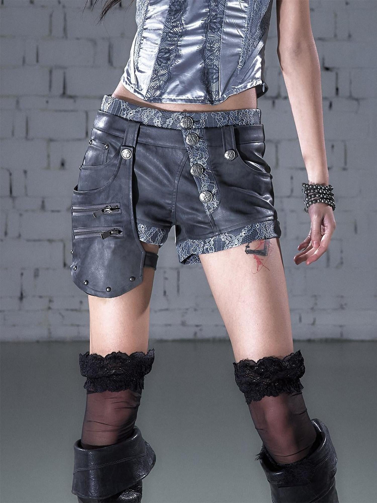 NO ROMANCE Biker Punk Lace Detachable Asymmetrical Low Waist Slim Women&
