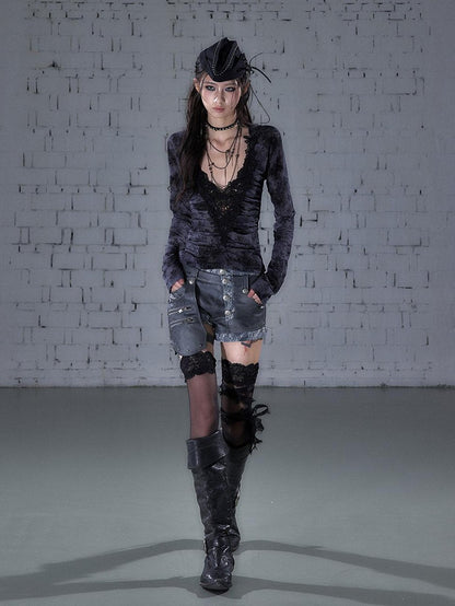 NO ROMANCE Biker Punk Lace Detachable Asymmetrical Low Waist Slim Women&