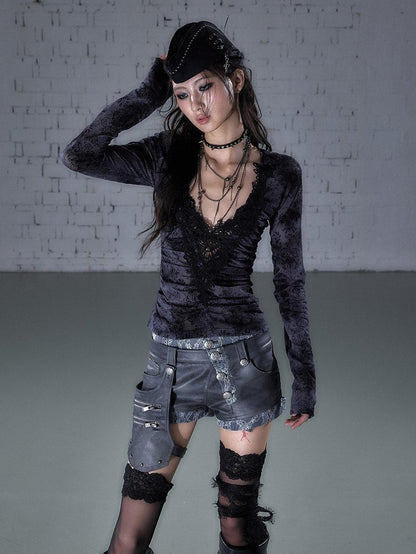 NO ROMANCE Biker Punk Lace Detachable Asymmetrical Low Waist Slim Women&