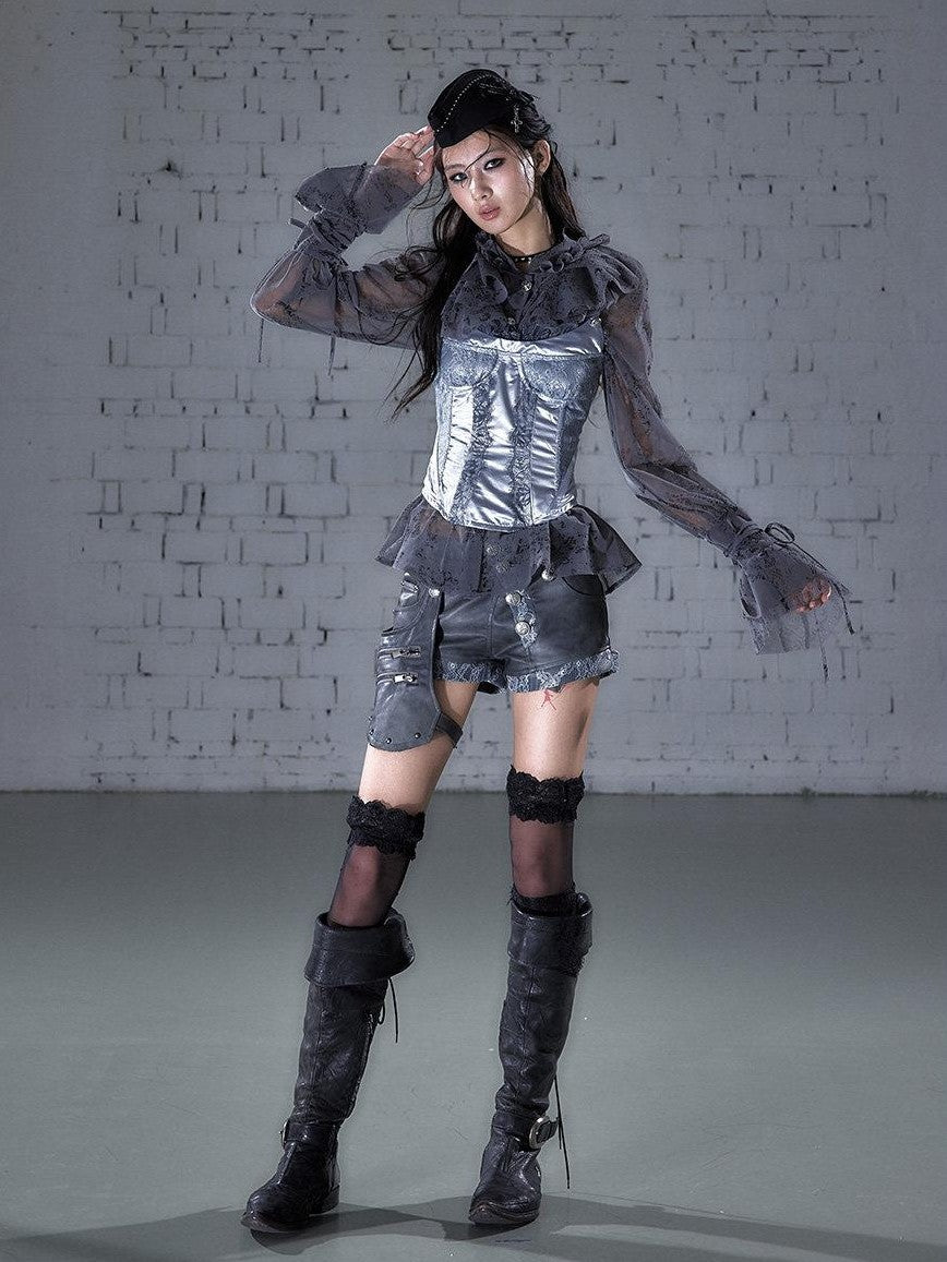 NO ROMANCE Biker Punk Lace Detachable Asymmetrical Low Waist Slim Women&