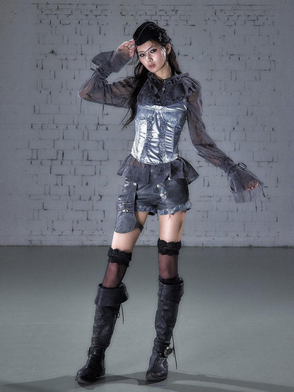 NO ROMANCE Biker Punk Lace Detachable Asymmetrical Low Waist Slim Women&