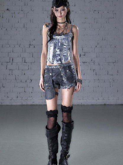 NO ROMANCE Biker Punk Lace Detachable Asymmetrical Low Waist Slim Women&