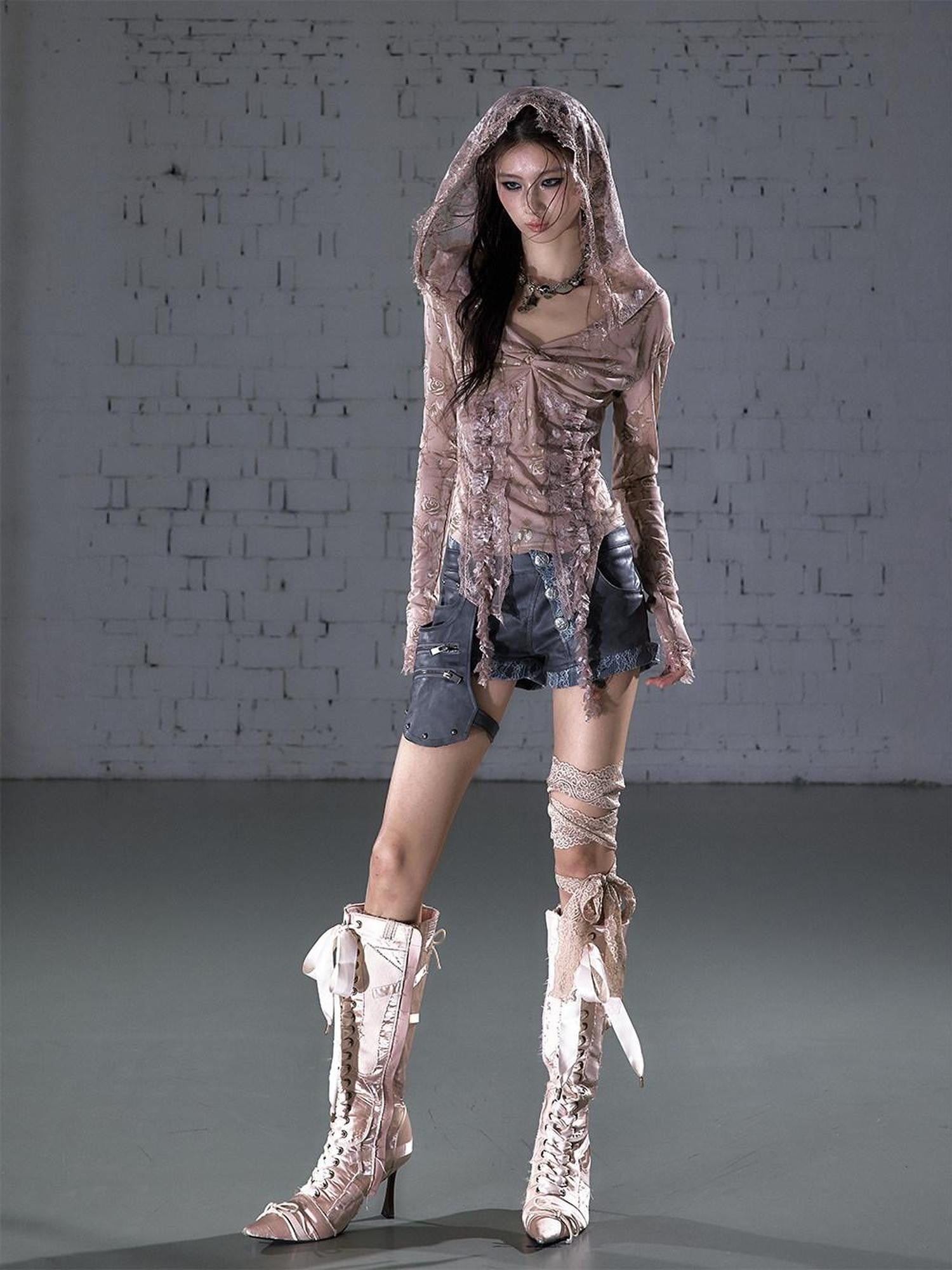 NO ROMANCE Biker Punk Lace Detachable Asymmetrical Low Waist Slim Women&