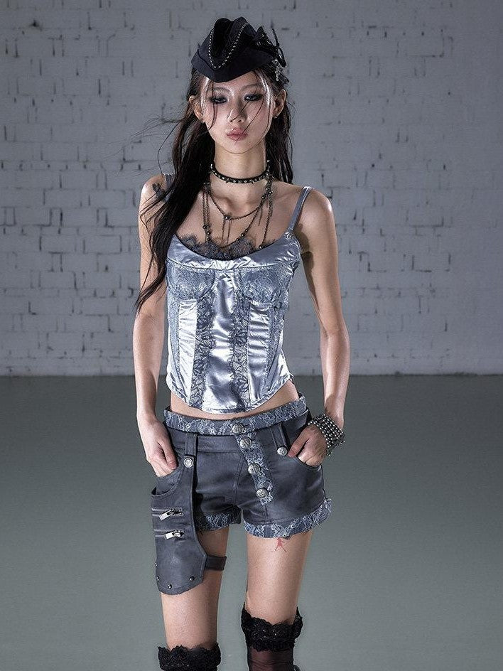 NO ROMANCE Biker Punk Lace Detachable Asymmetrical Low Waist Slim Women&