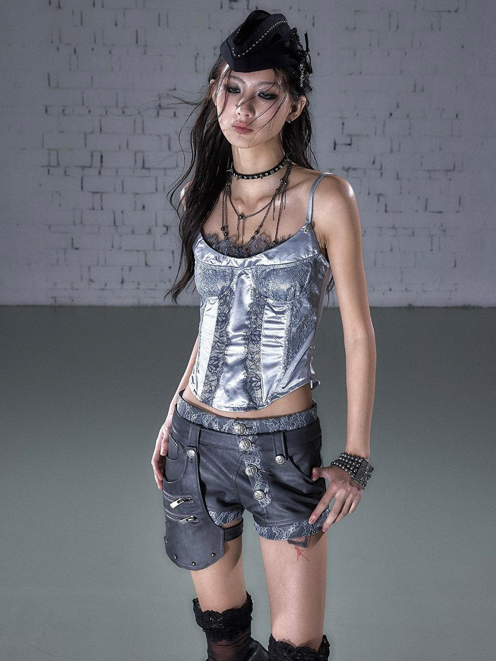 NO ROMANCE Biker Punk Lace Detachable Asymmetrical Low Waist Slim Women&