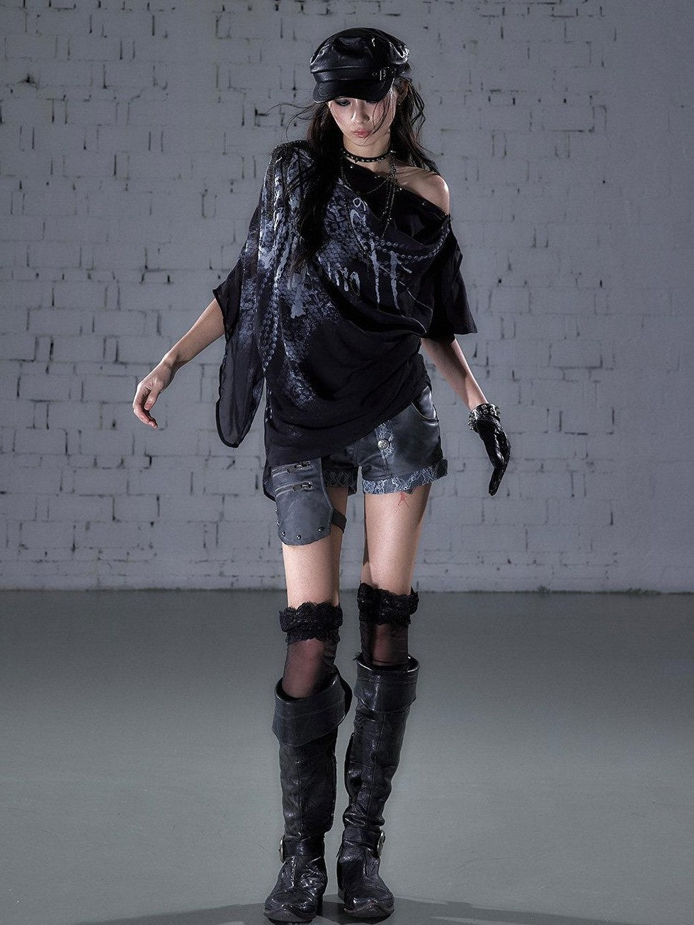 NO ROMANCE Biker Punk Lace Detachable Asymmetrical Low Waist Slim Women&