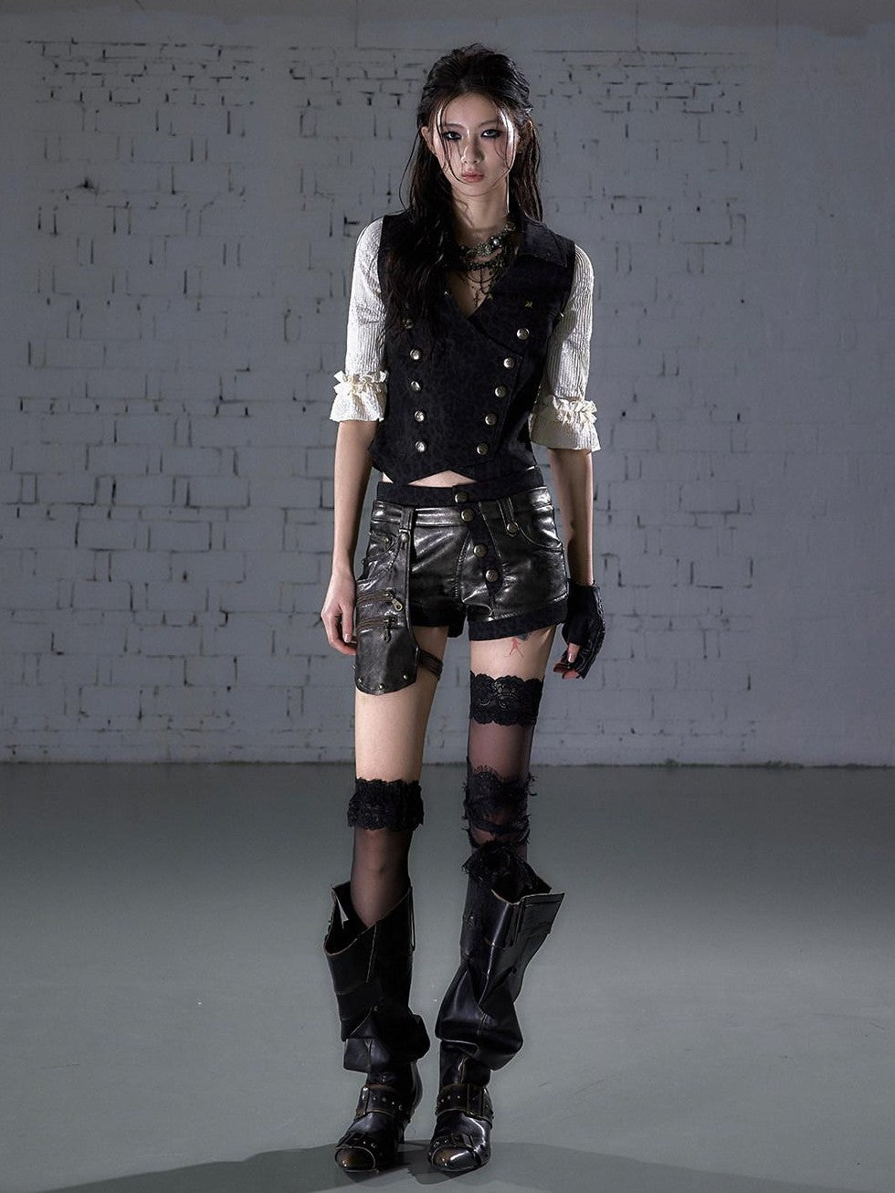 NO ROMANCE Biker Punk Lace Detachable Asymmetrical Low Waist Slim Women&
