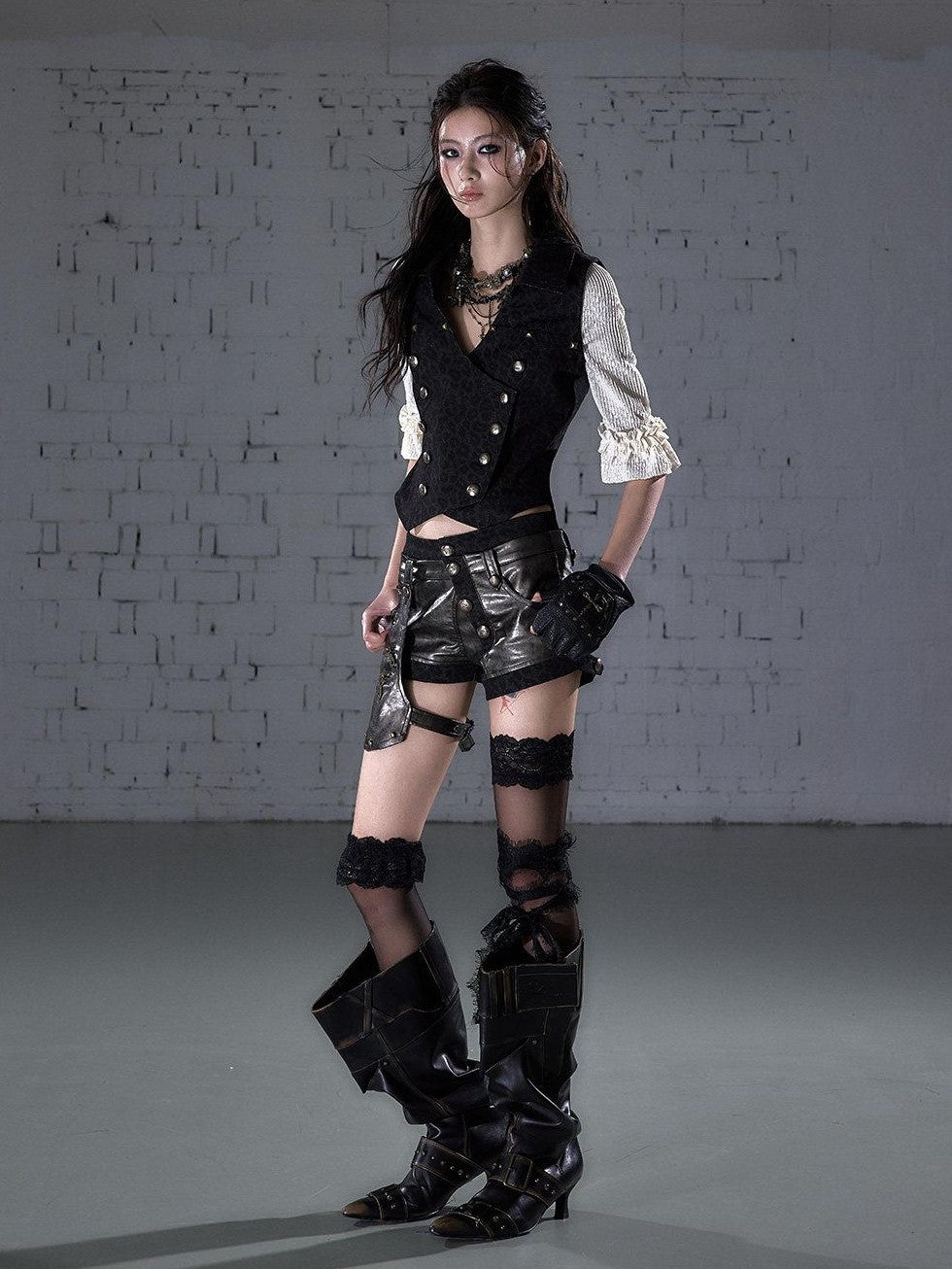 NO ROMANCE Biker Punk Lace Detachable Asymmetrical Low Waist Slim Women&