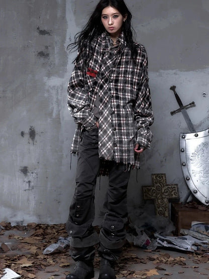 NO ROMANCE Brushed Cotton Detachable Plaid Loose Fit Stand Collar Long Sleeve Women Shirt