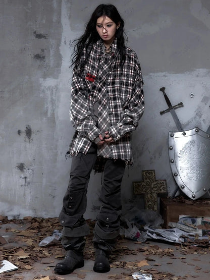 NO ROMANCE Brushed Cotton Detachable Plaid Loose Fit Stand Collar Long Sleeve Women Shirt