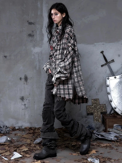 NO ROMANCE Brushed Cotton Detachable Plaid Loose Fit Stand Collar Long Sleeve Women Shirt