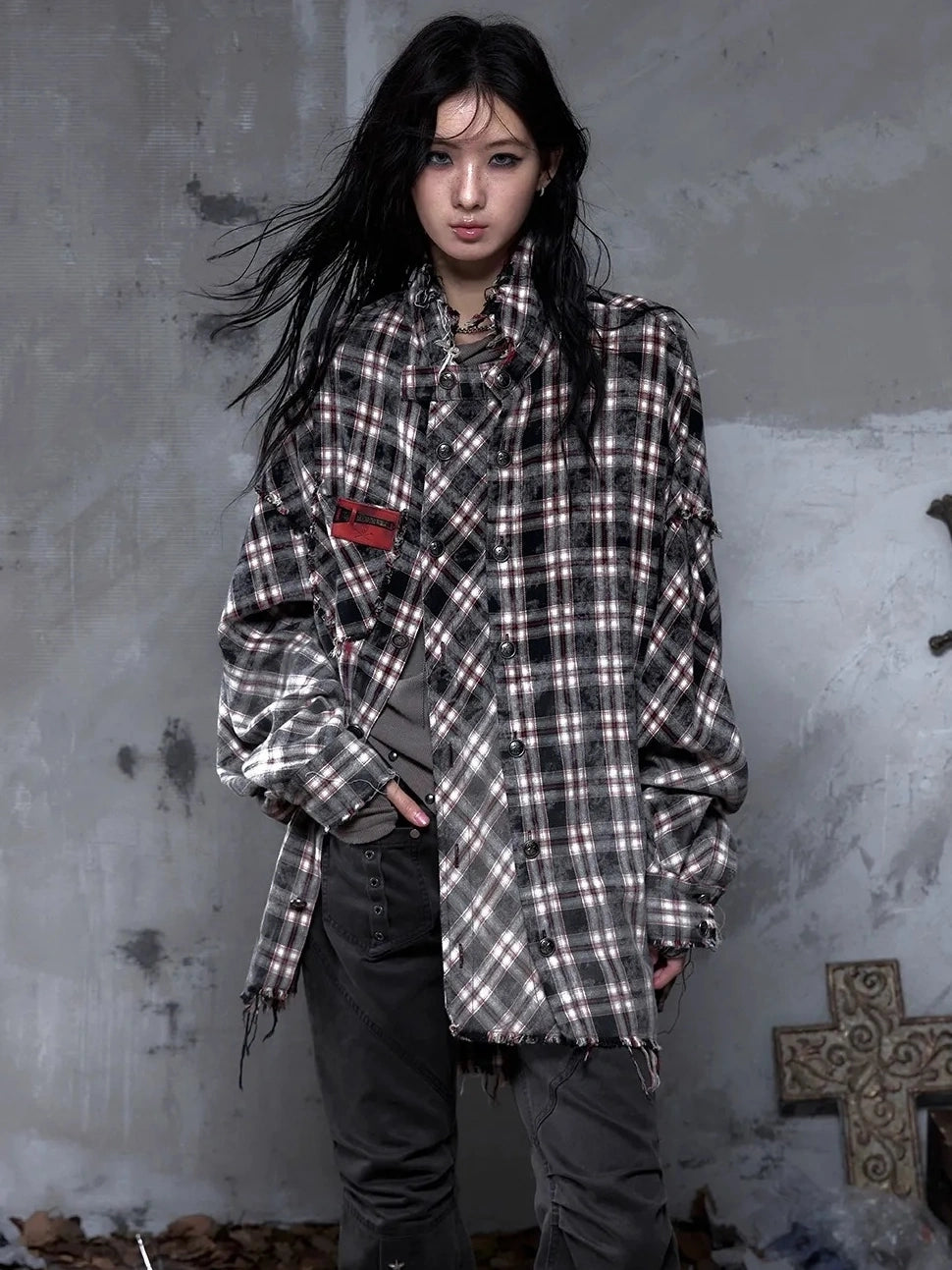 NO ROMANCE Brushed Cotton Detachable Plaid Loose Fit Stand Collar Long Sleeve Women Shirt