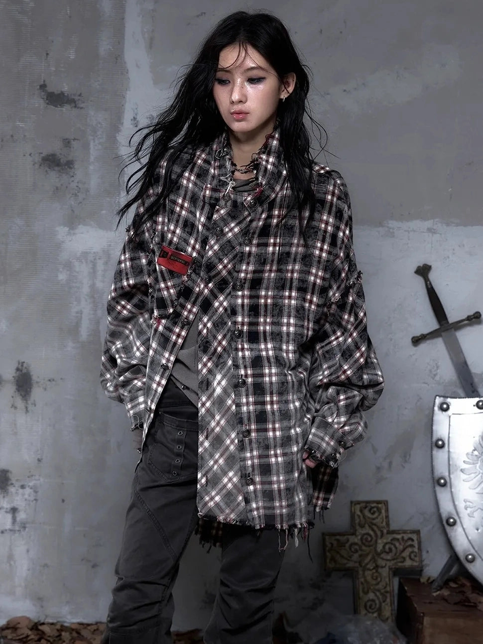 NO ROMANCE Brushed Cotton Detachable Plaid Loose Fit Stand Collar Long Sleeve Women Shirt