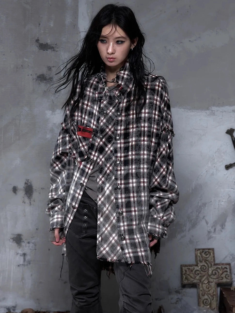 NO ROMANCE Brushed Cotton Detachable Plaid Loose Fit Stand Collar Long Sleeve Women Shirt