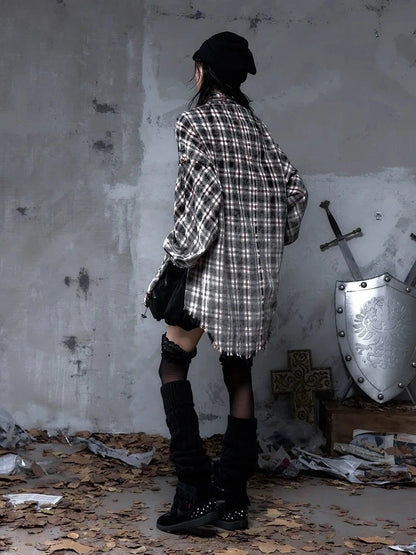 NO ROMANCE Brushed Cotton Detachable Plaid Loose Fit Stand Collar Long Sleeve Women Shirt