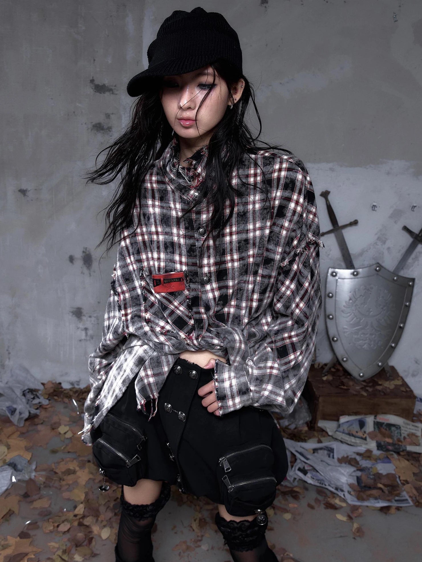 NO ROMANCE Brushed Cotton Detachable Plaid Loose Fit Stand Collar Long Sleeve Women Shirt