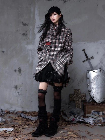 NO ROMANCE Brushed Cotton Detachable Plaid Loose Fit Stand Collar Long Sleeve Women Shirt