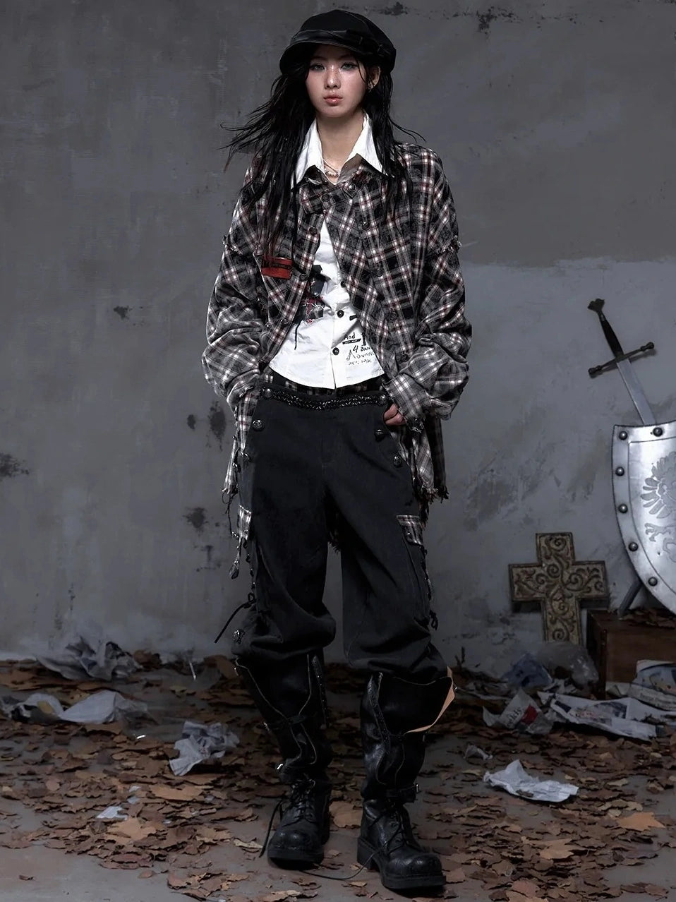 NO ROMANCE Brushed Cotton Detachable Plaid Loose Fit Stand Collar Long Sleeve Women Shirt