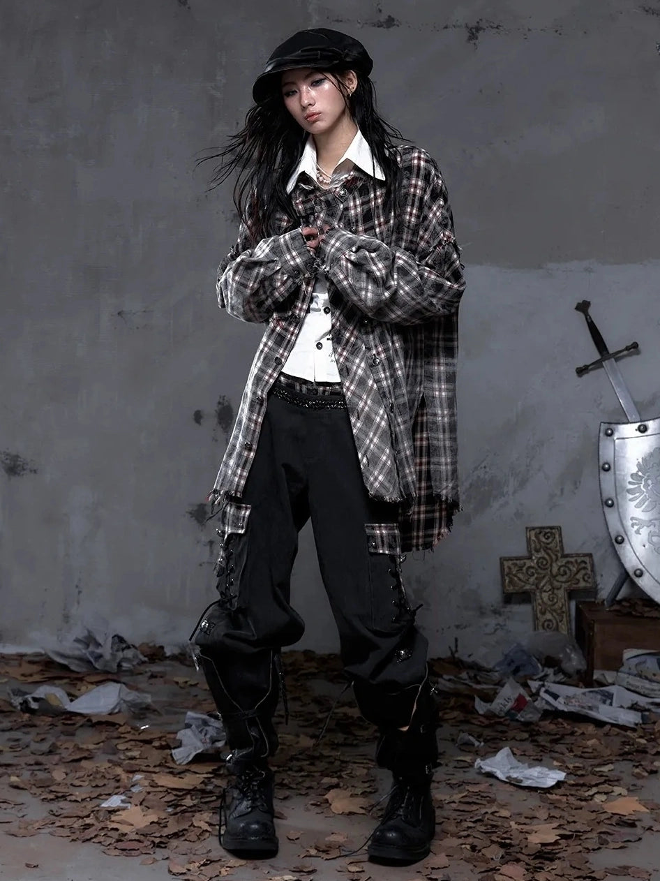 NO ROMANCE Brushed Cotton Detachable Plaid Loose Fit Stand Collar Long Sleeve Women Shirt