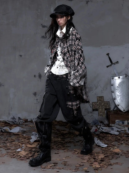 NO ROMANCE Brushed Cotton Detachable Plaid Loose Fit Stand Collar Long Sleeve Women Shirt