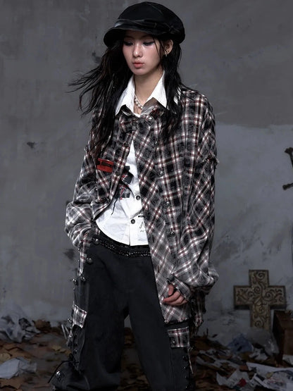 NO ROMANCE Brushed Cotton Detachable Plaid Loose Fit Stand Collar Long Sleeve Women Shirt