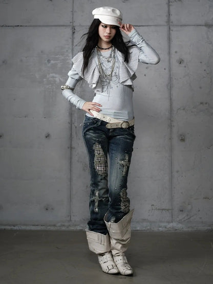 NO ROMANCE Butterfly Graphic Slim Fit Vintage Long Puff Sleeve Crew Neck Women T-Shirt