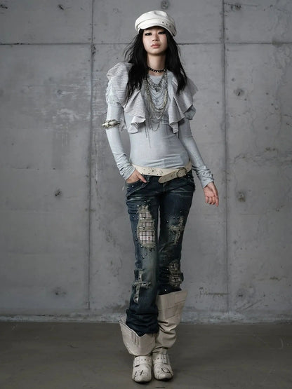 NO ROMANCE Butterfly Graphic Slim Fit Vintage Long Puff Sleeve Crew Neck Women T-Shirt