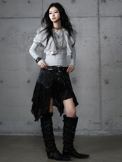 NO ROMANCE Butterfly Graphic Slim Fit Vintage Long Puff Sleeve Crew Neck Women T-Shirt