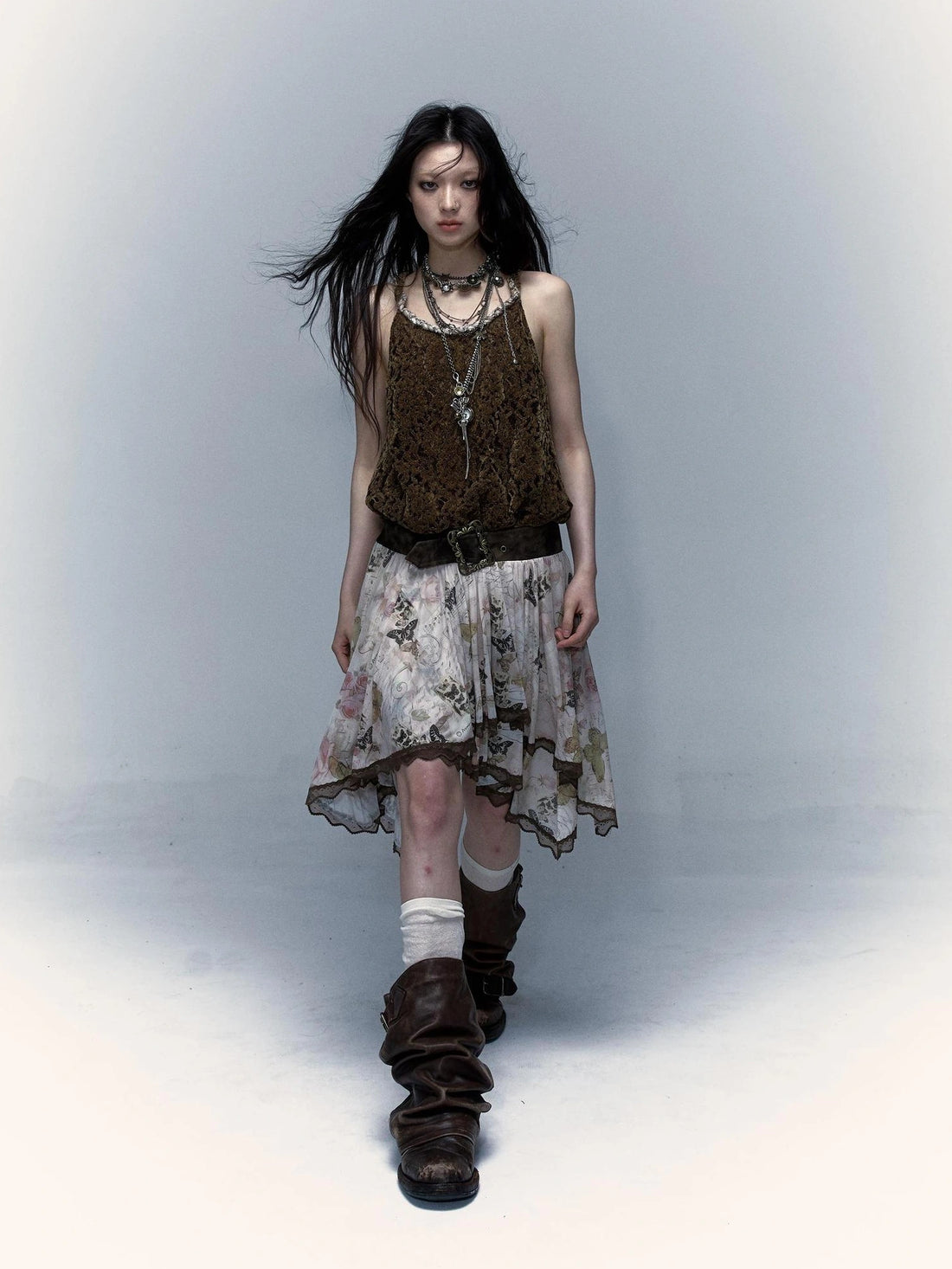 NO ROMANCE Classic Houndstooth Asymmetric Hem Midi Mid Rise Vintage Women Office Skirt