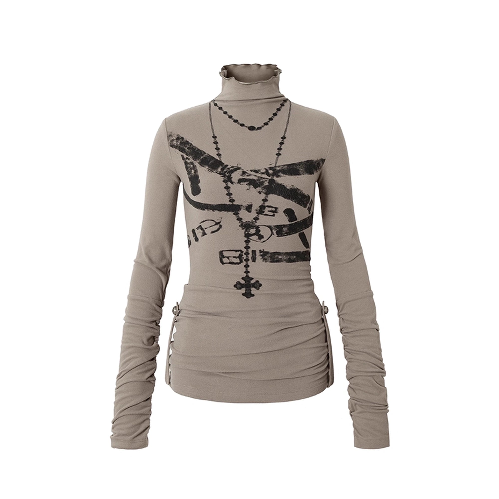 NO_ROMANCE_Cotton_Blend_Printed_Slim_Fit_High_Neck_Long_Sleeve_Street_Punk_Women_T-Shirt_MISSTT