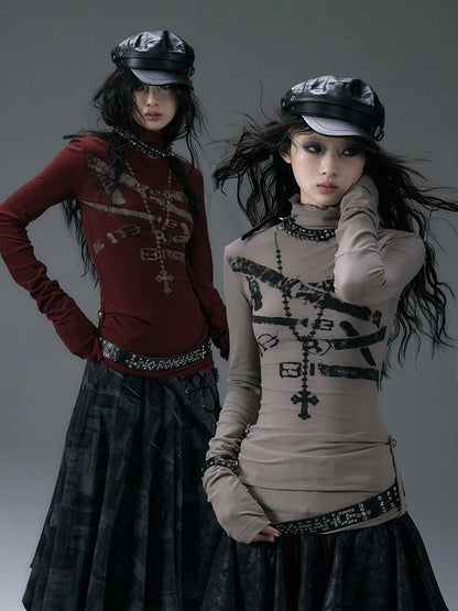 NO ROMANCE Cotton Blend Printed Slim Fit High Neck Long Sleeve Street Punk Women T-Shirt