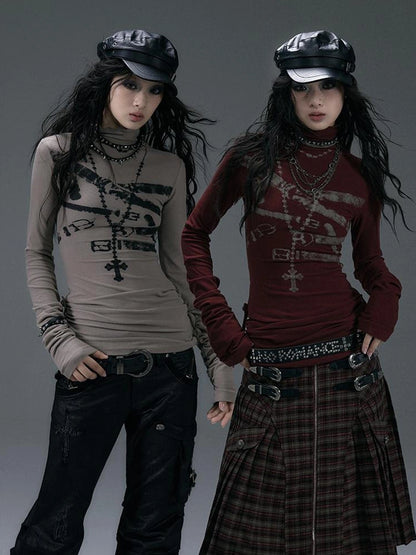 NO ROMANCE Cotton Blend Printed Slim Fit High Neck Long Sleeve Street Punk Women T-Shirt