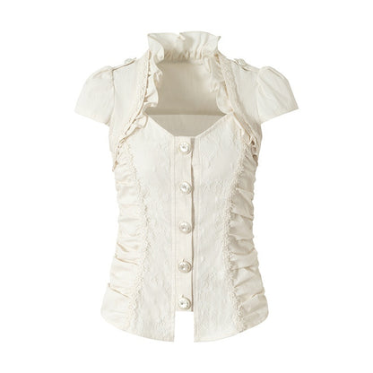 NO_ROMANCE_Court_Lace_Spliced_Ruched_Waist_Short_Sleeve_Women&