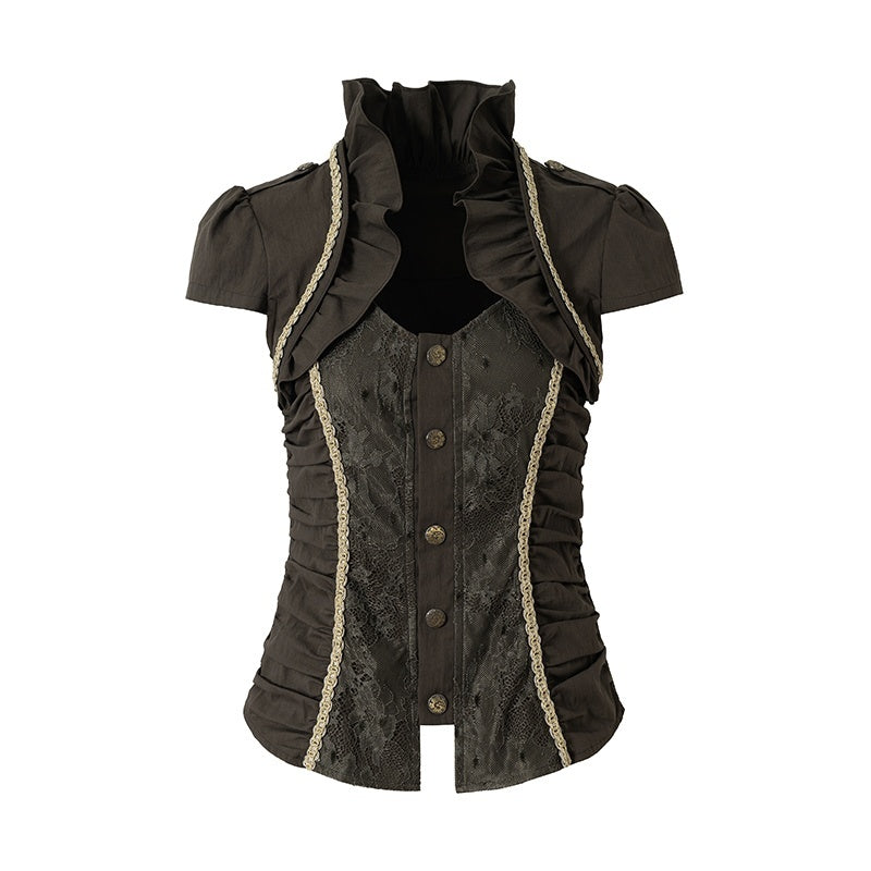 NO_ROMANCE_Court_Lace_Spliced_Ruched_Waist_Short_Sleeve_Women&