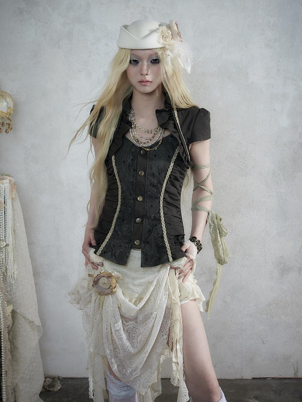 NO ROMANCE Court Lace Spliced Ruched Waist Short Sleeve Women&