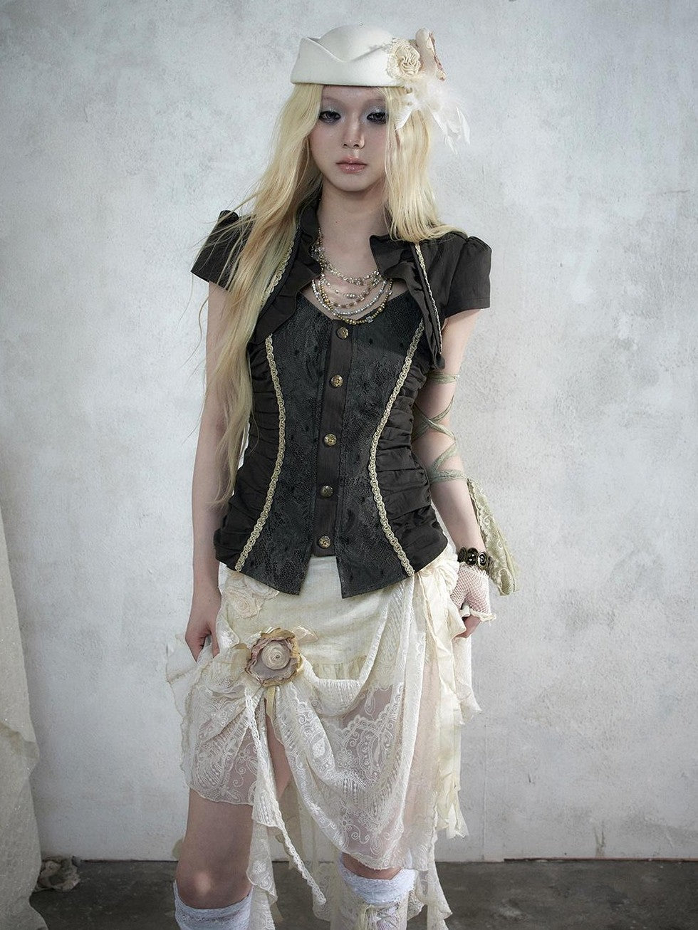 NO ROMANCE Court Lace Spliced Ruched Waist Short Sleeve Women&