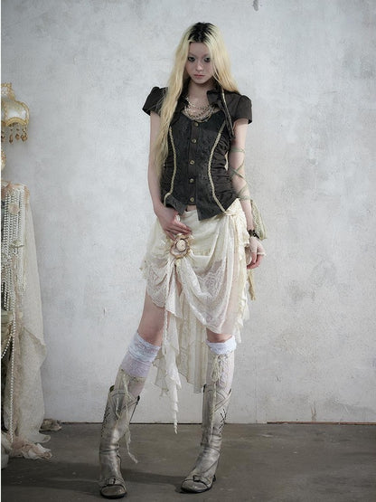 NO ROMANCE Court Lace Spliced Ruched Waist Short Sleeve Women&