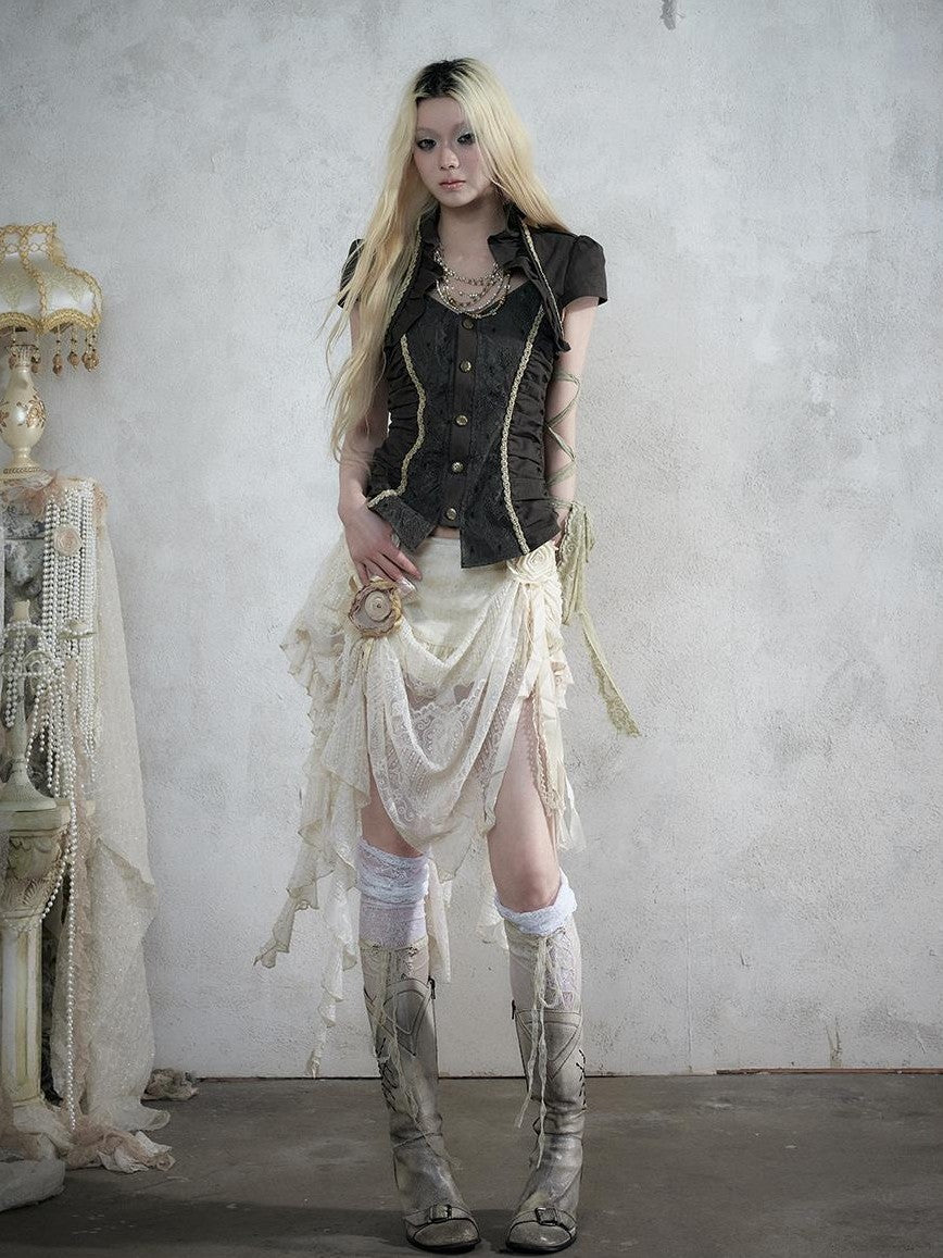 NO ROMANCE Court Lace Spliced Ruched Waist Short Sleeve Women&