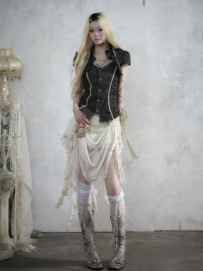 NO ROMANCE Court Lace Spliced Ruched Waist Short Sleeve Women&