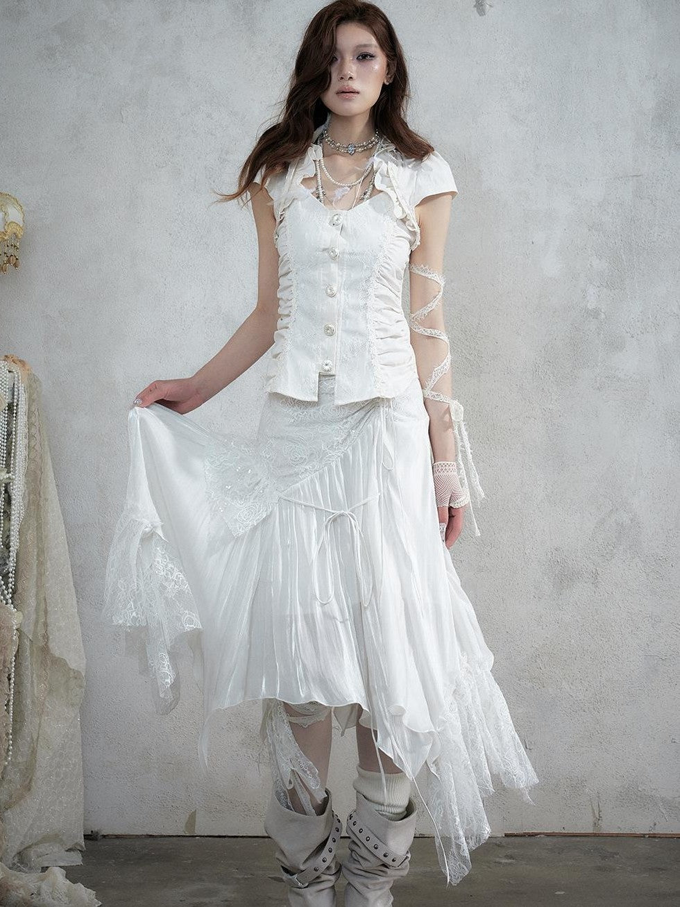 NO ROMANCE Court Lace Spliced Ruched Waist Short Sleeve Women&