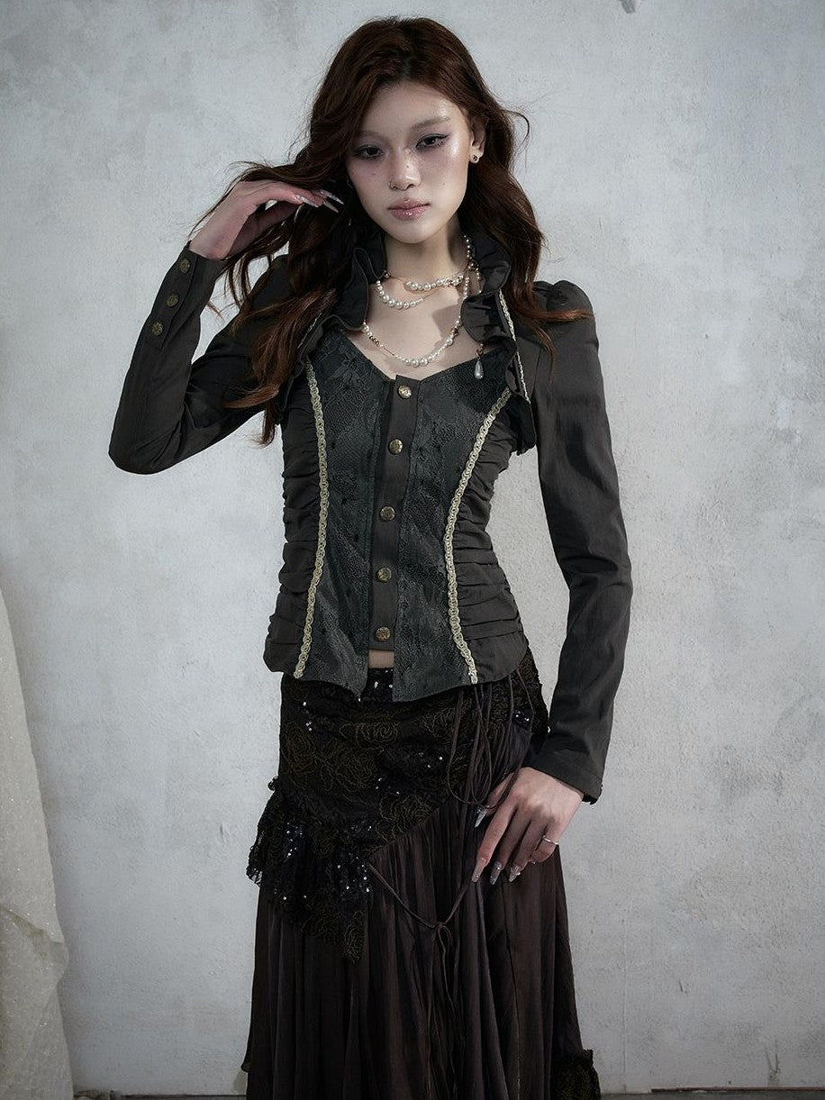NO ROMANCE Court Lace Spliced Ruched Waist Short Sleeve Women&