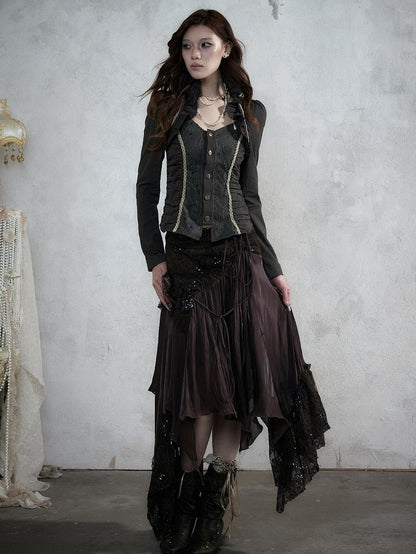 NO ROMANCE Court Lace Spliced Ruched Waist Short Sleeve Women&