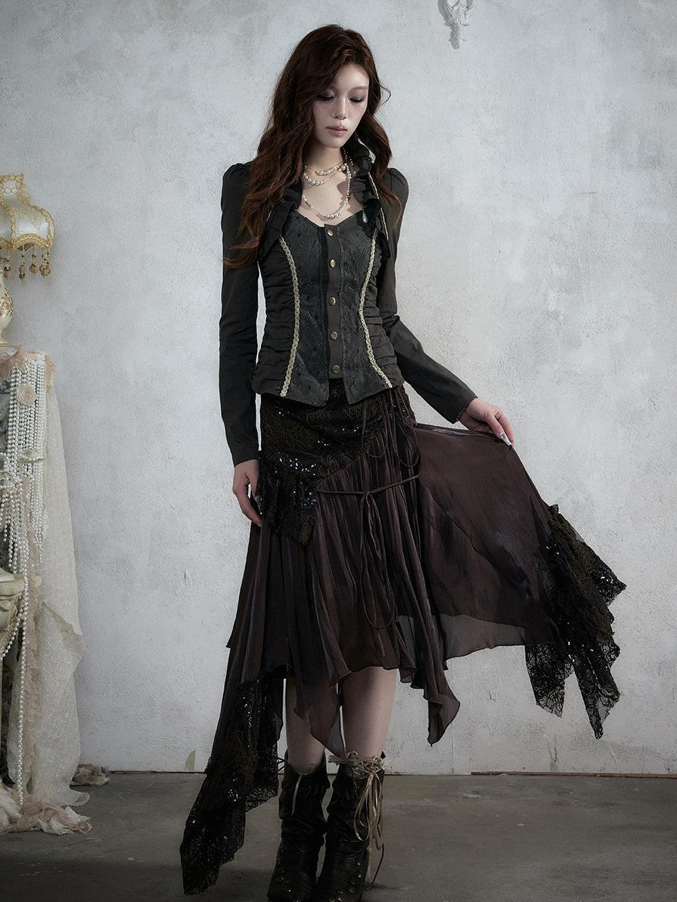NO ROMANCE Court Lace Spliced Ruched Waist Short Sleeve Women&