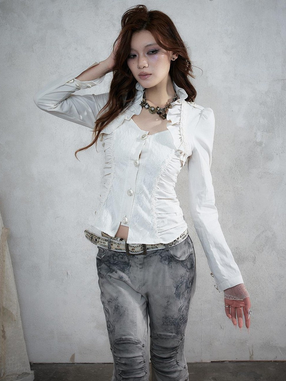 NO ROMANCE Court Lace Spliced Ruched Waist Short Sleeve Women&