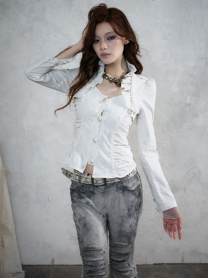 NO ROMANCE Court Lace Spliced Ruched Waist Short Sleeve Women&